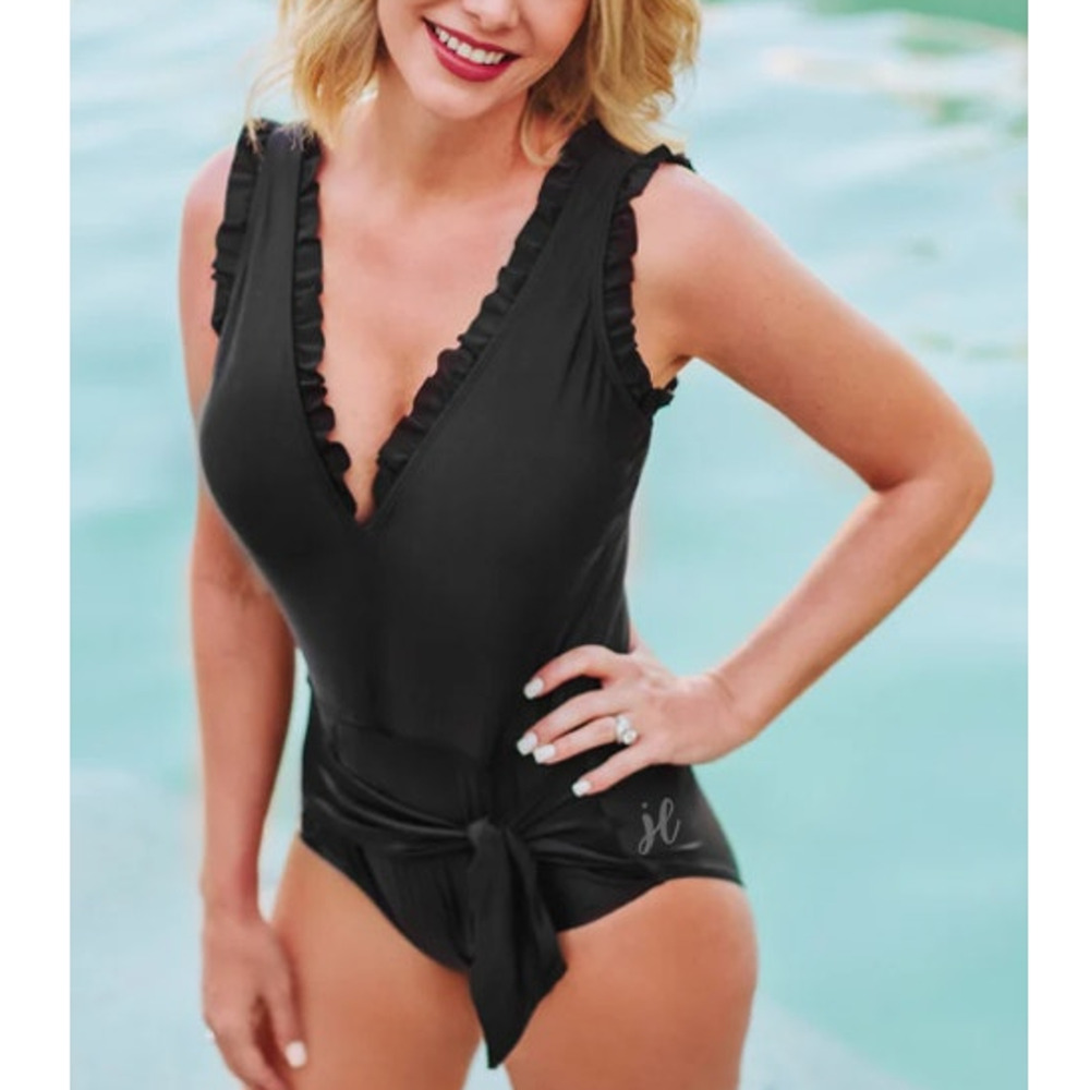 Black Ruffled V-Neck One-Piece Swimsuit - Picture 6 of 7